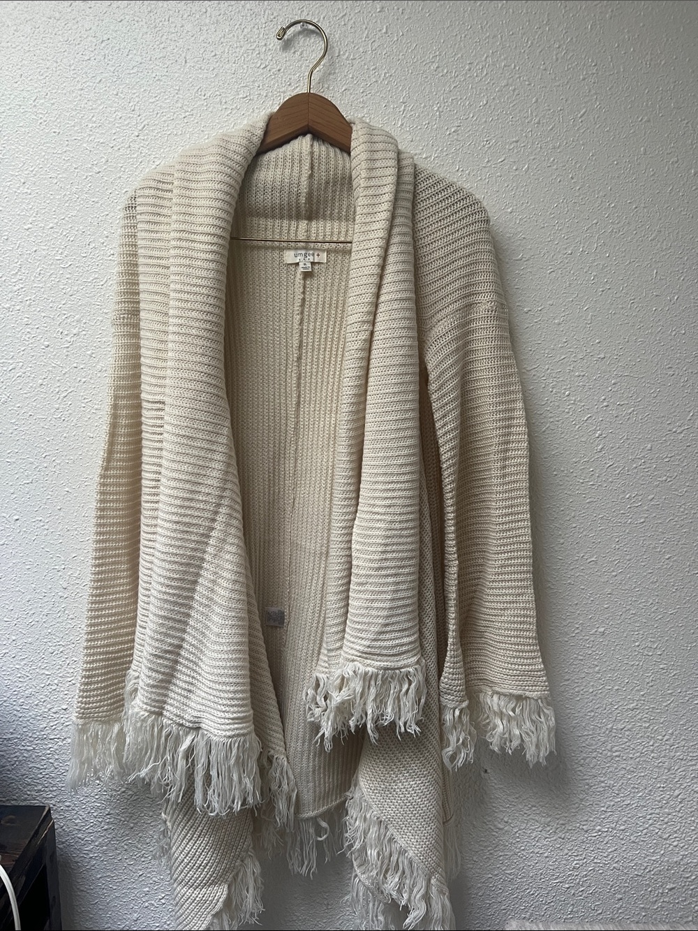 Umgee Cream Open-Front Fringe Knit Cardigan